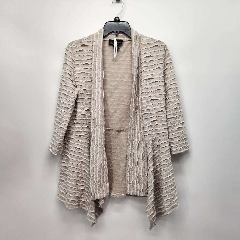 VTG. Frank Lyman Lagenlook Crinkle Ruffle‎ Tan Open Front Cardigan Women's 12
